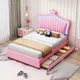 Anajqaqia Letto per bambini 90x200 cm, letto imbottito, letto singolo con cassetti portaoggetti, con illuminazione a LED e testiera regolabile