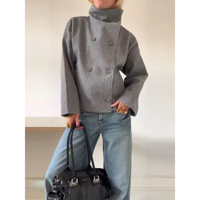 Solid Turtleneck Double-Breasted Pocket Coats Women Casual Loose Full Sleeve Female Jacket 2025 Autumn Office Lady Jackets