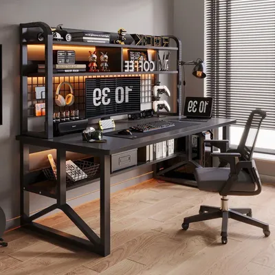 Modern Black Office Sturdy PC Desk Wide Students Study Desk for Home Gamer Gaming Computer Table with Shelf Y-Shaped Metal Frame
