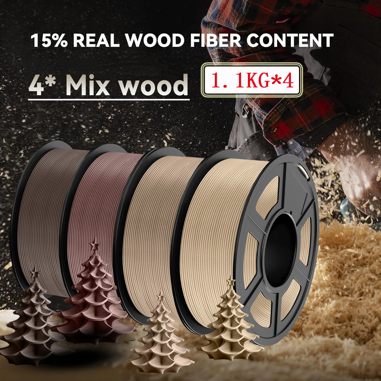 JAYO 3D-Holz-PLA-Drucker-Filament, 1,75 mm, 15 % Echtholzfasern, Maßgenauigkeit +/- 0,02 mm, passend für die meisten FDM-3D-Drucker, 4 Rollen Image