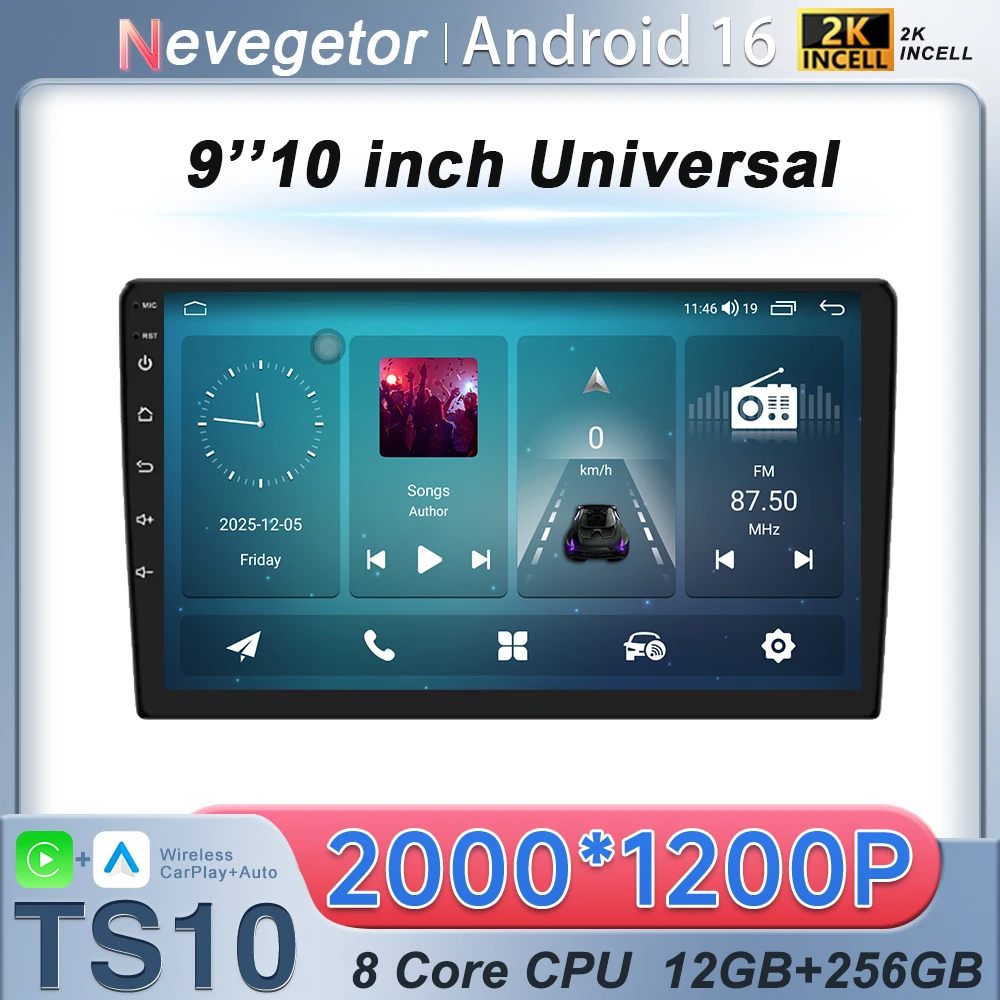Autoradio Android 16 2 Din con Carplay e Android Auto, Schermo 9-10 Pollici, Lettore Multimediale Universale, GPS, Navigatore, Wifi, 8 Core, Stereo RDS