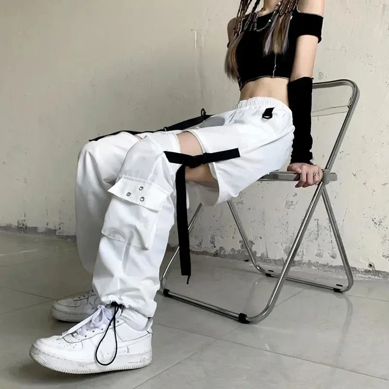 MEXZT Streetwear Frauen Kordelzug Cargo Hosen Hohe Taille Verstärktes Aushöhlen Breite Bein Hosen Harajuku Lässig Abnehmbare Techwear Image