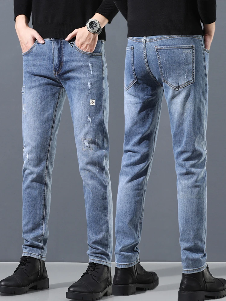 Dünne Koreanische Blau Vintage Jeans Männer der Herbst Neue Zerrissene Modische Stretch Persönlichkeit Loch Denim Hosen Männlich
