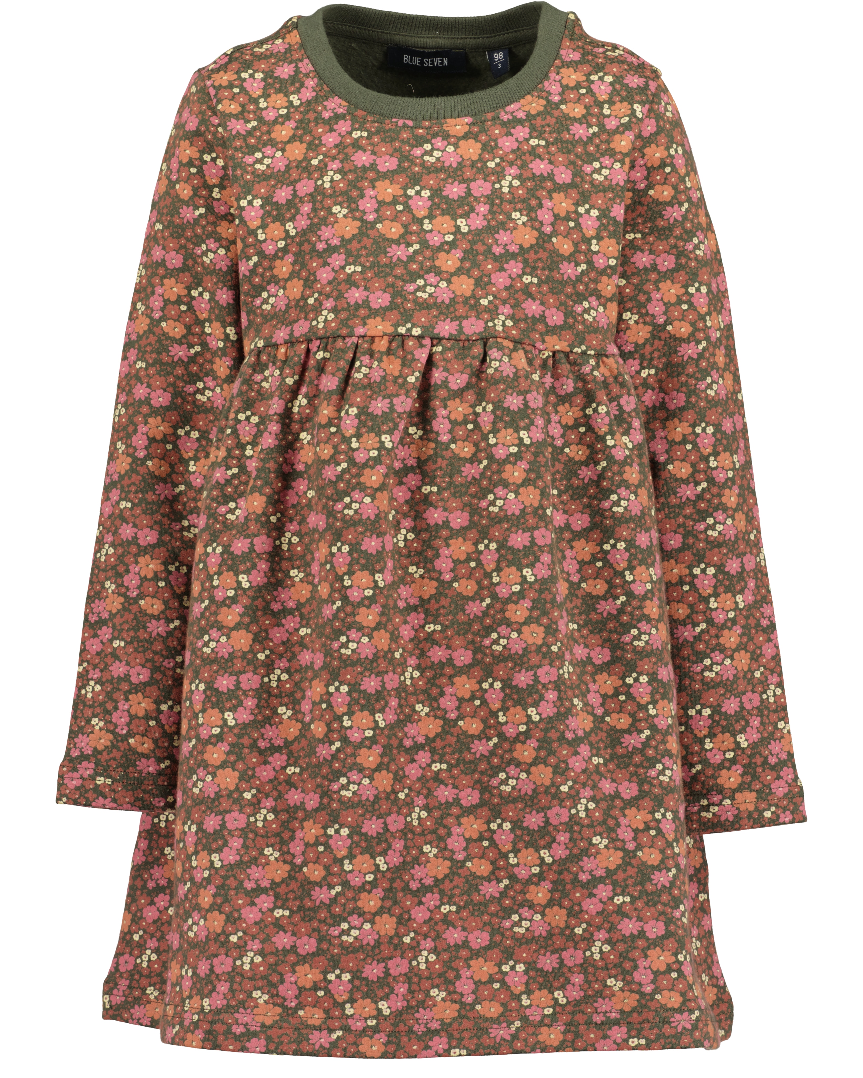 Sweatkleid BLUE SEVEN, Mädchen, Gr. 104, N-Gr, schilf, Jersey, Obermaterial: 95% Baumwolle, 5% Elasthan, bedruckt, regular fit knieumspielend, Rundhals, abgesteppte Kante, Kleider, im wunderschönen Blümchen-Alloverdruck Image