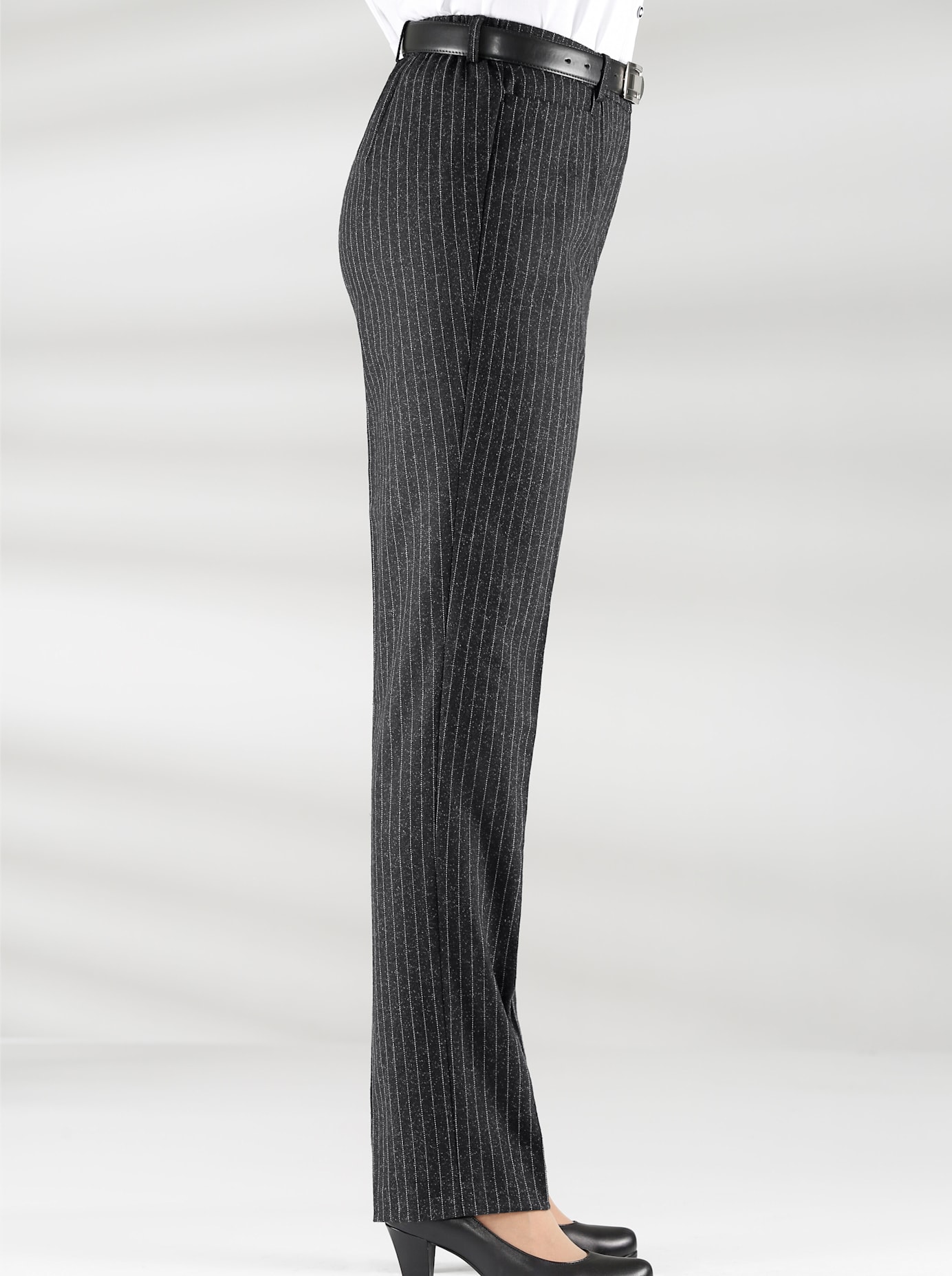 Bügelfaltenhose COME ON, Damen, Gr. 50, Normalgrößen, schwarz-weiß (schwarz, weiß nadelstreifen), 49% Wolle, 29% Polyester, 20% Baumwolle, 2% Elasthan, gemustert, mehrfarbig, lang, Hosen