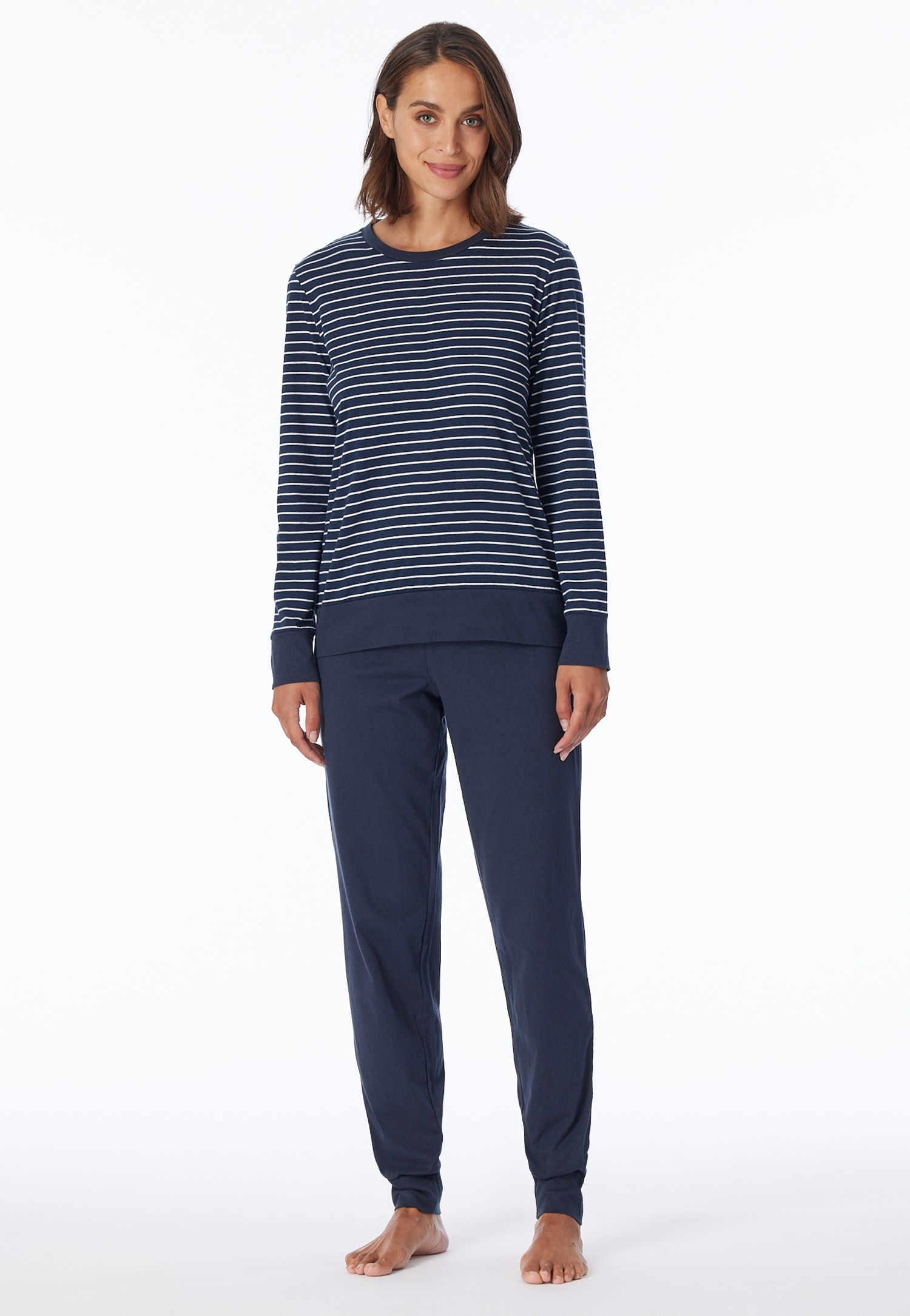 Schlafanzug UNCOVER BY SCHIESSER "Uncover Nightwear", Damen, Gr. 42, blau (803, blau), Single Jersey, Obermaterial: 100% Baumwolle, bequem lang, Rundhals, angesetztes Bündchen, Homewear-Sets Schlafanzug, Rundhalsausschnitt, Pure Cotton, Streifen,... Image