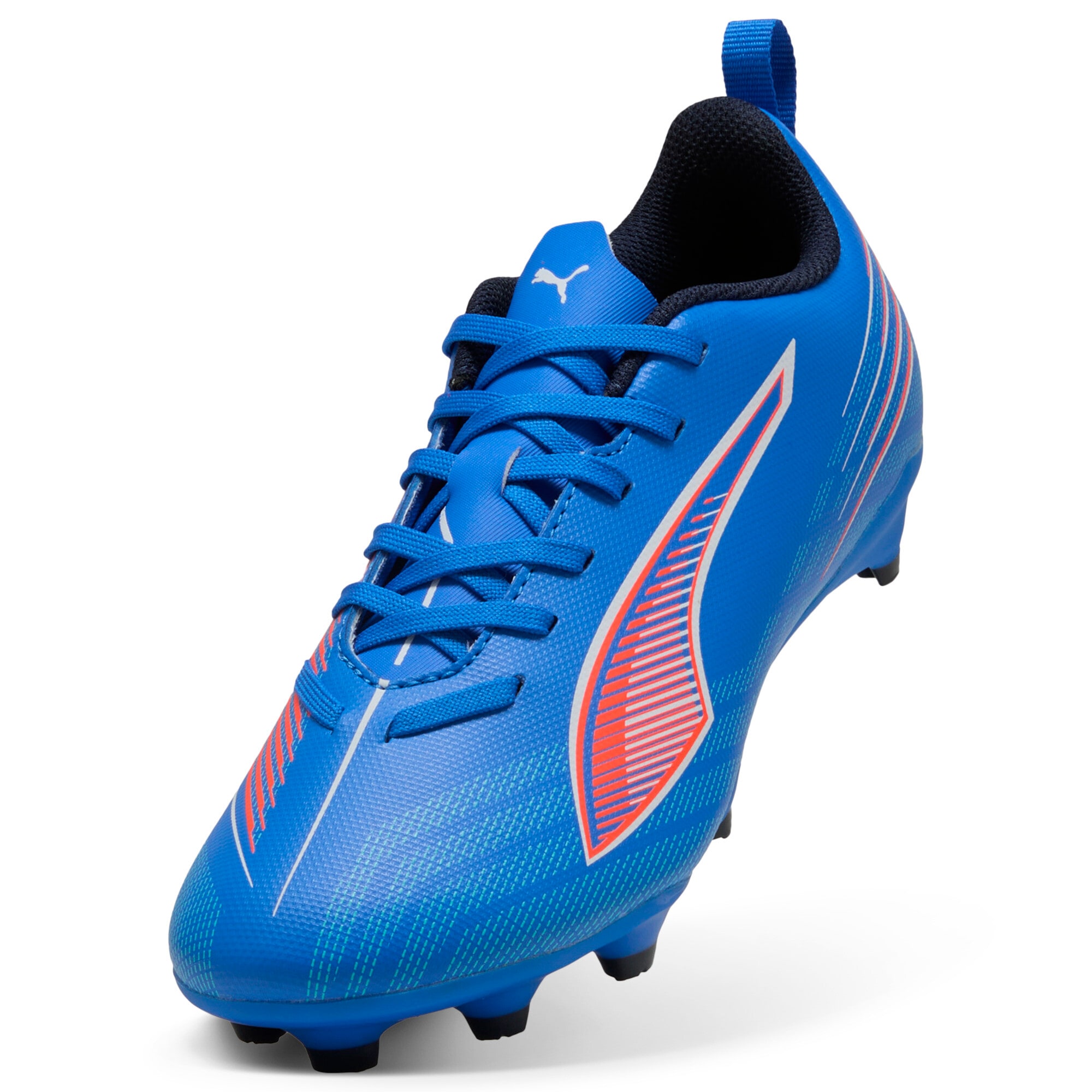 Fußballschuh PUMA "ULTRA 6 PLAY FG/AG JR", Gr. 33, weiß (ultra blau, puma weiß, glowing rot), Synthetik, Sportlich, Schuhe, für Rasenplätze Image