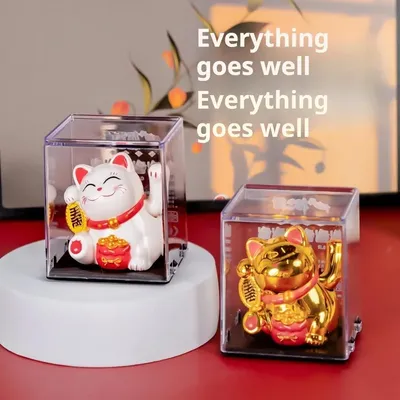 Solar Charging Auspicious Maneki Neko Waving Its Arms. Traditional Chinese Feng Shui Maneki Neko, for Cars Offices Etc