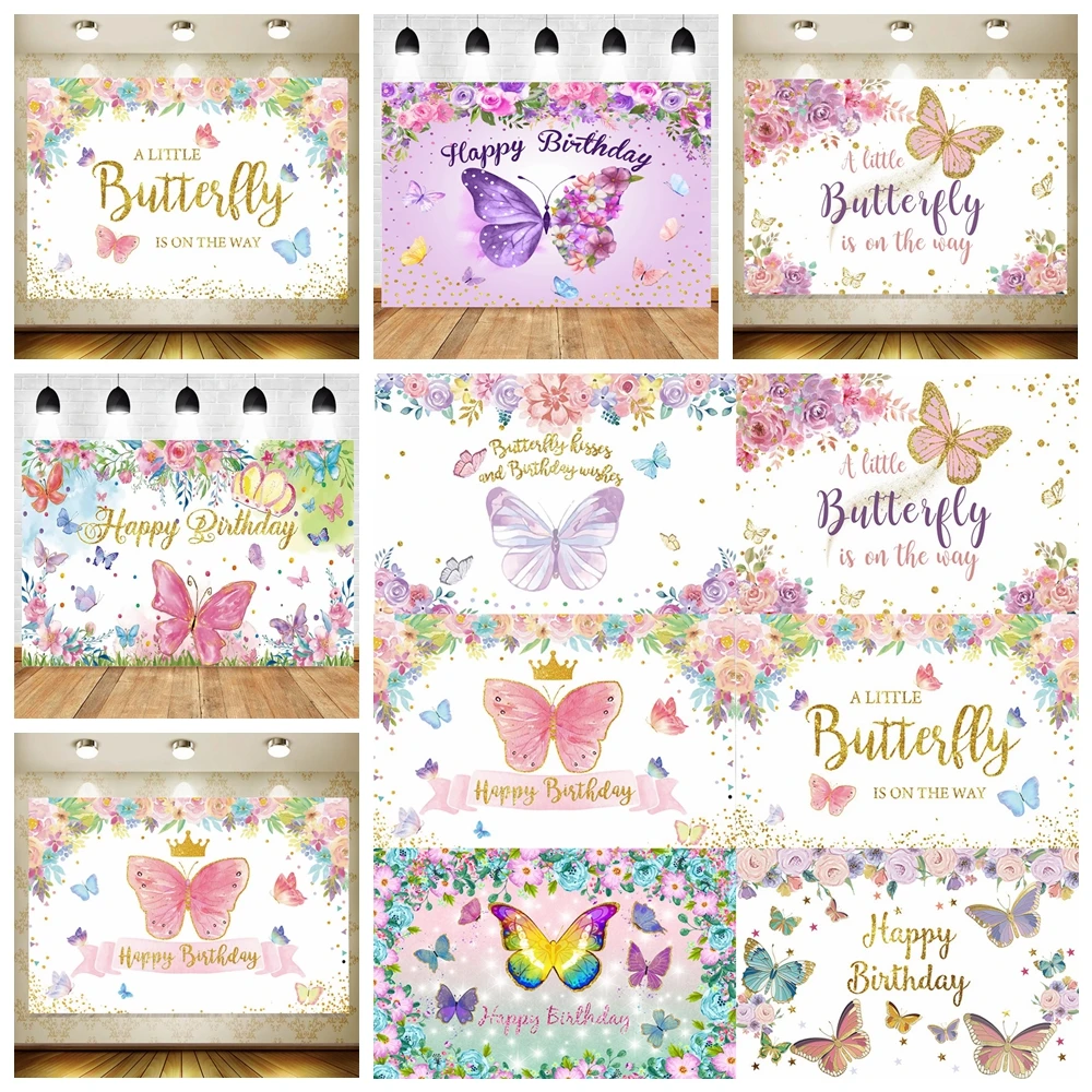 Butterfly Theme Girls Birthday Background Cloth Baby Shower Gift Party Birthday Decoration Banner Photography Studio Background.