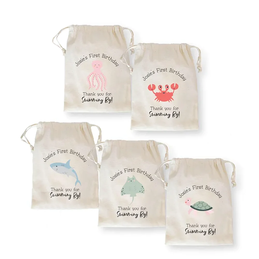 Custom 5Pcs Ocean Theme Party Favor Bags Children Birthday Drawstring Gift Bag Baby Shower Welcome Gift Marine Biological Shark