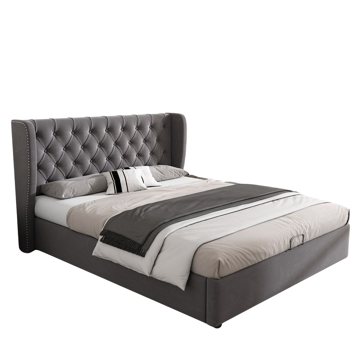 OKWISH Polsterbett 140x190 mit Stauraum Nietendesign,Samtbett mit Kopfteil,Boxspringbett Optik Modernes Grau Image