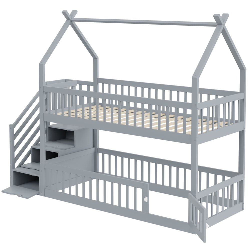 Letto a soppalco in legno grigio 90×200cm con contenitore