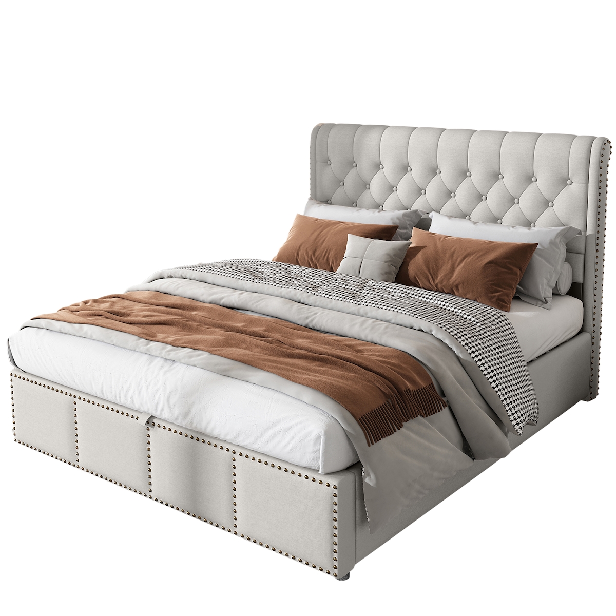 OKWISH Bett 160x200 mit hohem Kopfteil und Stauraum Europäisches Design mit Nietendekor und Bettkasten Elegantes Doppelbett mit 107 cm Rückenlehne Hellgrau Image