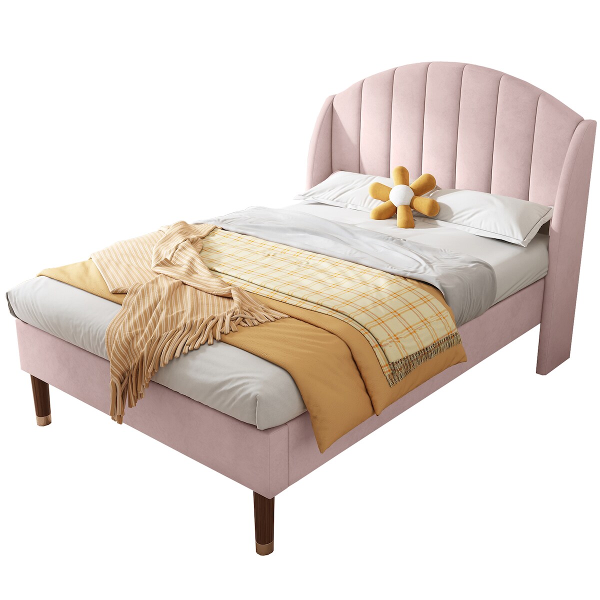 OKWISH Polsterbett 90x200 mit Samtbezug, hohem Kopfteil Königsize Bett ,stabilen 20 cm Füßen inklusive Lattenrost für geräumiges Schlafzimmer modernes rosa Image