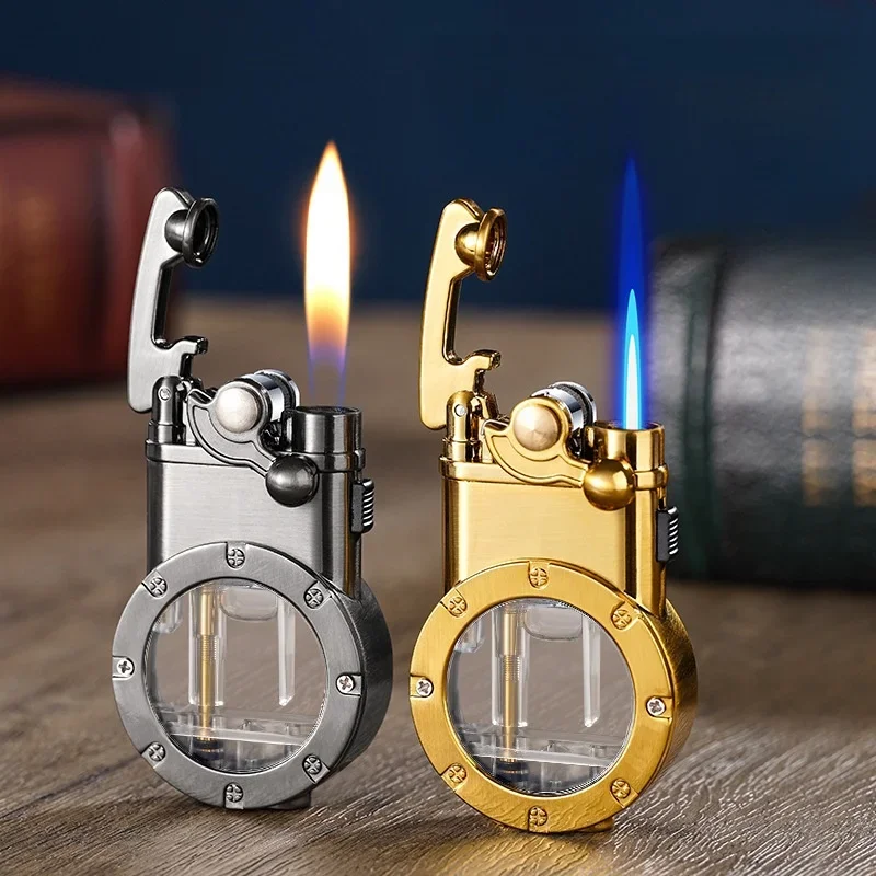 Kipphebel Dual Fire Butan Gas Feuerzeug Metall Sichtbares Gas Fenster Jet Flame Switching Open Flame Zigarrenfeuerzeuge Rauchen Image