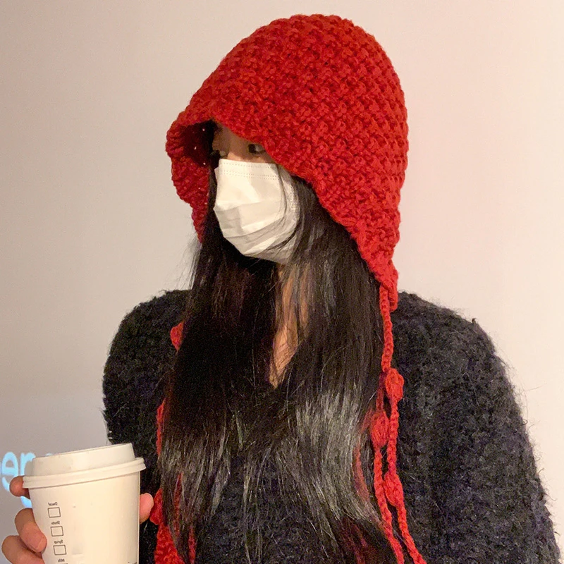 Einfarbig Wolle Gestrickte Ohr Schutz Hut für Frauen Lange Quaste Warme Mützen Skullcaps Mädchen Weibliche Kalt-proof Pullover caps Image