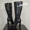 LAIGZEM Kniehohe Stiefel für Damen, durchgehender Reißverschluss, Kunstleder, dicke High Heels, hohe Stiefel, handgefertigte Schuhe, Damen, große Größe 38, 41, 43, 46 52
