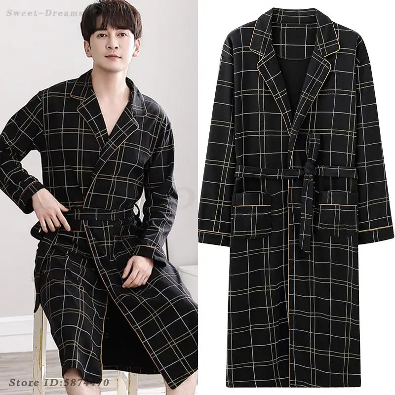 Casual Plaid Bademantel Mann Frühling Herbst Baumwolle Robe Nachtwäsche Langarm Kimono Männlichen V-ausschnitt Intimate Dessous Spa Roben L-4XL Image
