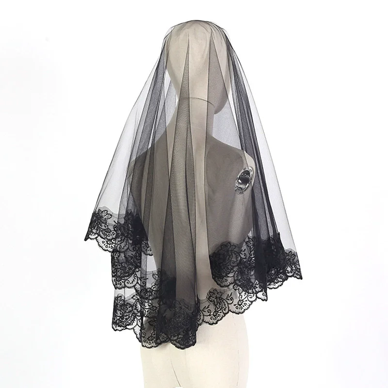 Hochzeit Schleier für Braut Spitze Stickerei Rand Tüll weiß schwarz Schleier für Halloween Bachelorette Party Kopfschmuck Zubehör Image