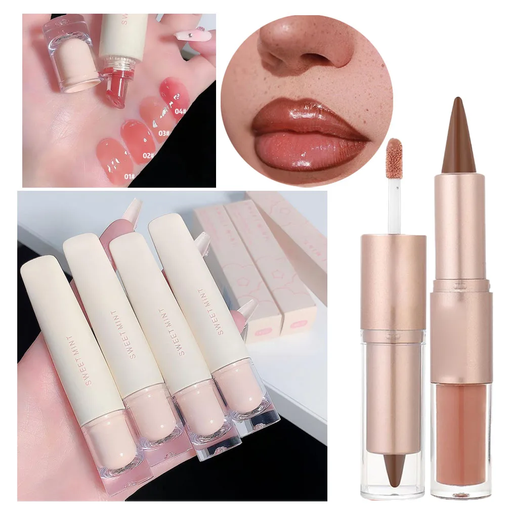 2-in-1 Nude Brown Glitter Shimmer Diamond Lippenstift und Lipgloss für Frauen, langanhaltendes Lipliner-Make-up Image