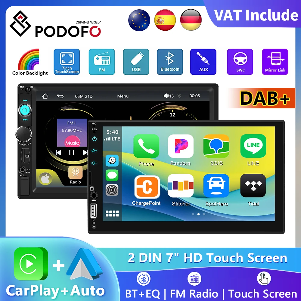 Podofo 7 "2Din CarPlay Android Auto Autoradio Multimediale Video Lettore MP5 Touch Screen Universale Autoradio Stereo Ricarica USB