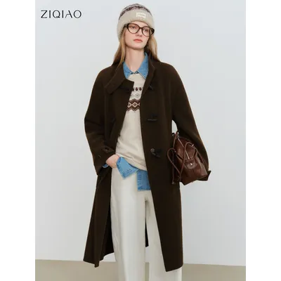 ZIQIAO Crafty Studio Wool Coat for Petite Women with Horn Buttons, Standing Collar, and Double-Faced Design 2025 New Collection