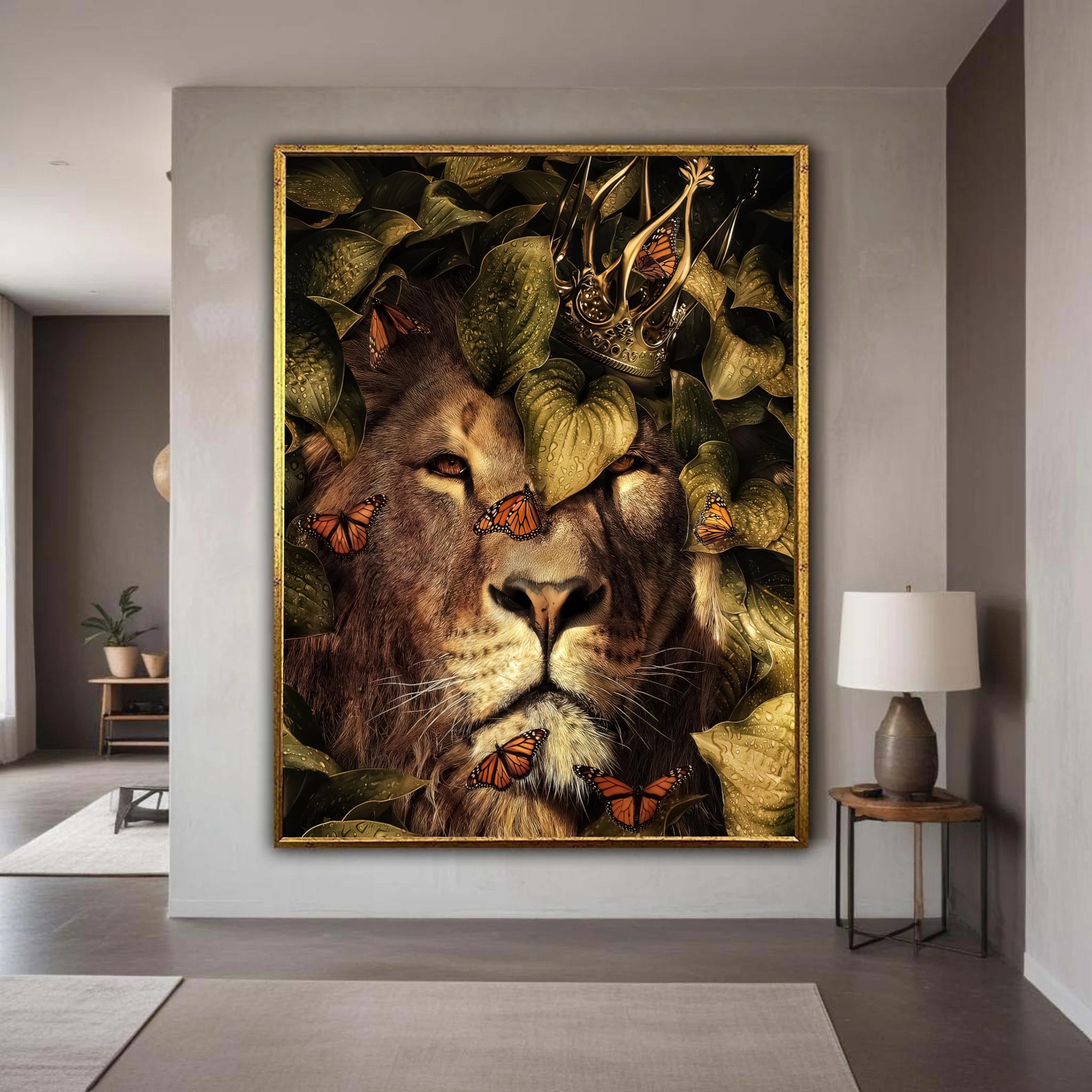 Ritratto di leone regale su tela, stampa murale di farfalle monarca, stampa su tela di animali maestosi, stampa di leone incoronato, arte della natura