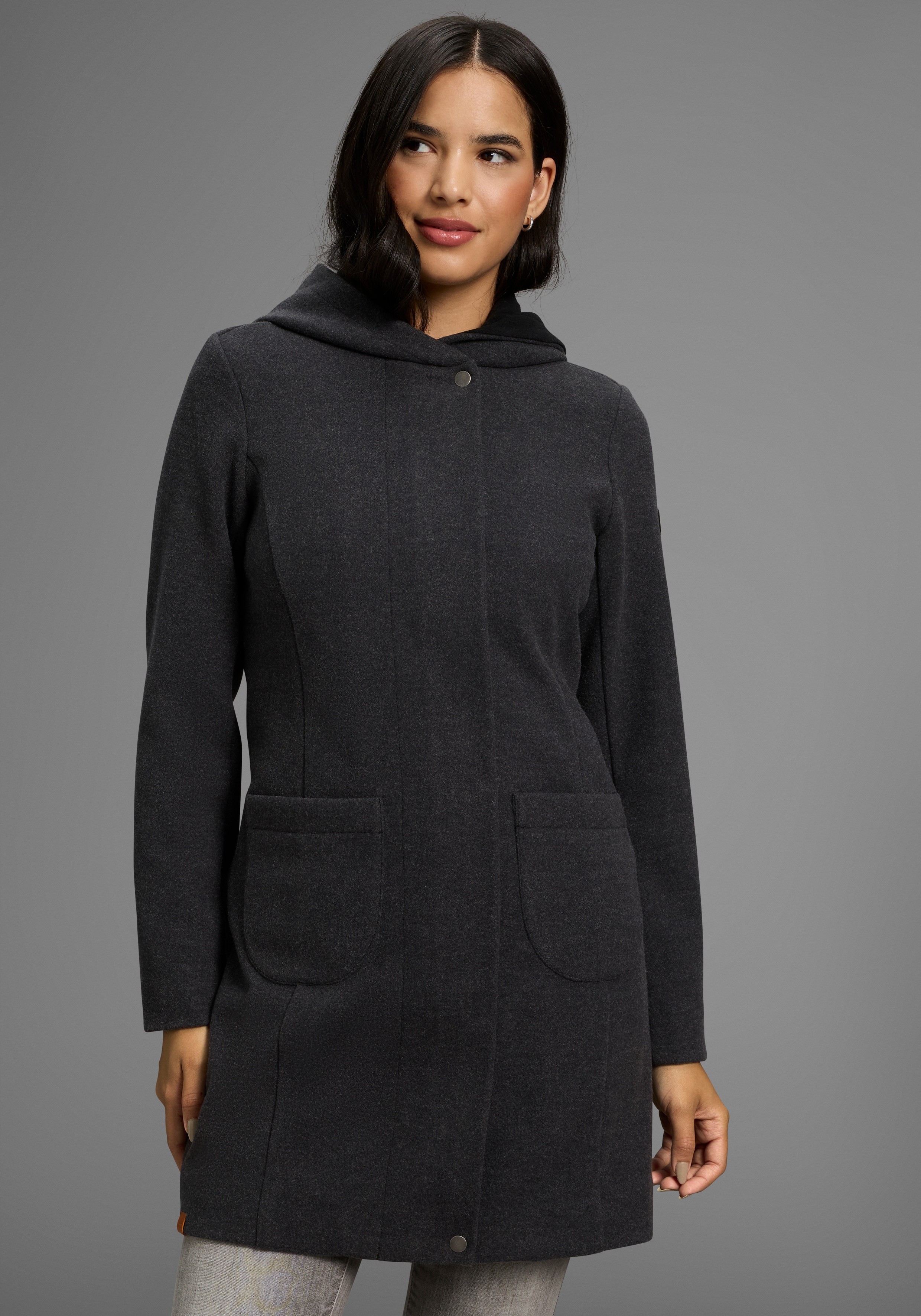 Kurzmantel KANGAROOS, Damen, Gr. 32, grau (dunkel, grau, melange), Web, Obermaterial: 90% Polyester, 10% Viskose. Futter: 100% Polyester, kontrastfarbene Details, meliert, unifarben mit Farbeinsatz, Casual, normal hüftbedeckend, Mäntel, mit großer... Image