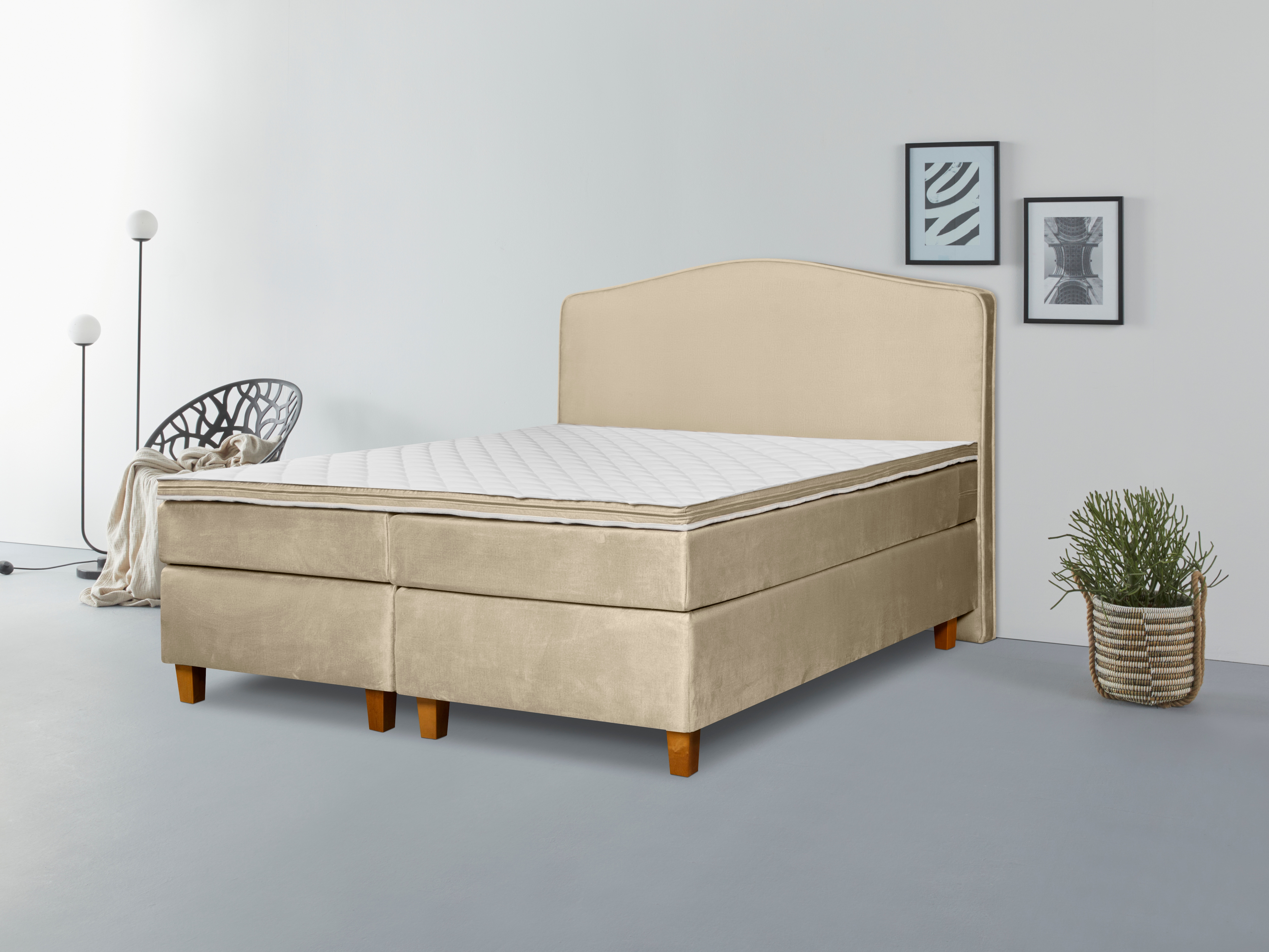 Boxspringbett INOSIGN "Jalma", beige (cream), B:181cm L:208cm, 100% Polyester, Komplettbetten, Boxspringbett, Füße aus massiver Birke ; Inkl. Topper Image