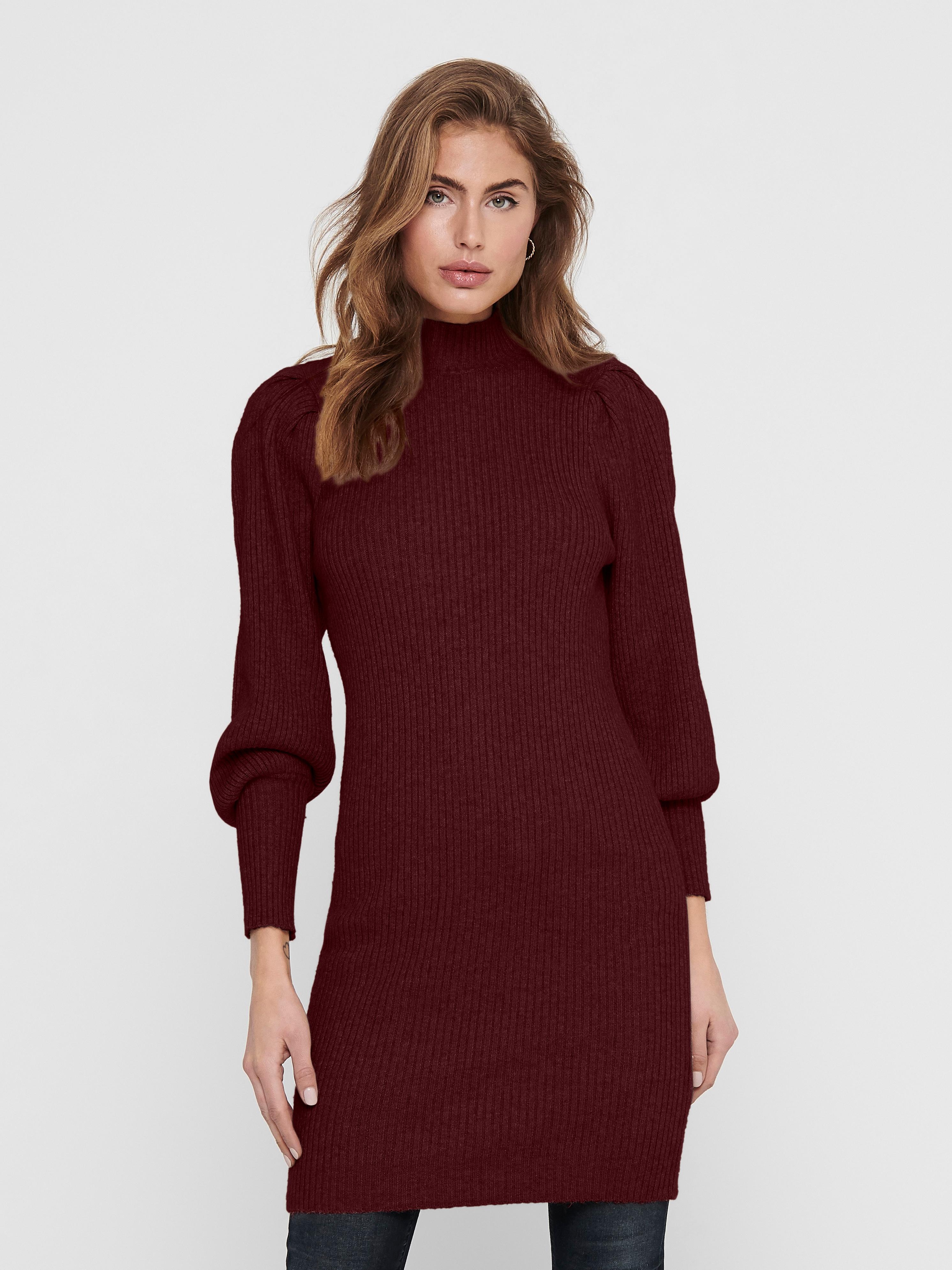 Strickkleid ONLY "ONLKATIA L/S DRESS KNT NOOS", Damen, Gr. XS, N-Gr, rot (cabernet), Strick, Obermaterial: 50% Viskose, 27% Nylon, 23% Polyester, unifarben, regular fit ca. Mitte Oberschenkel, Puffärmel Rippbündchen, Kleider Image