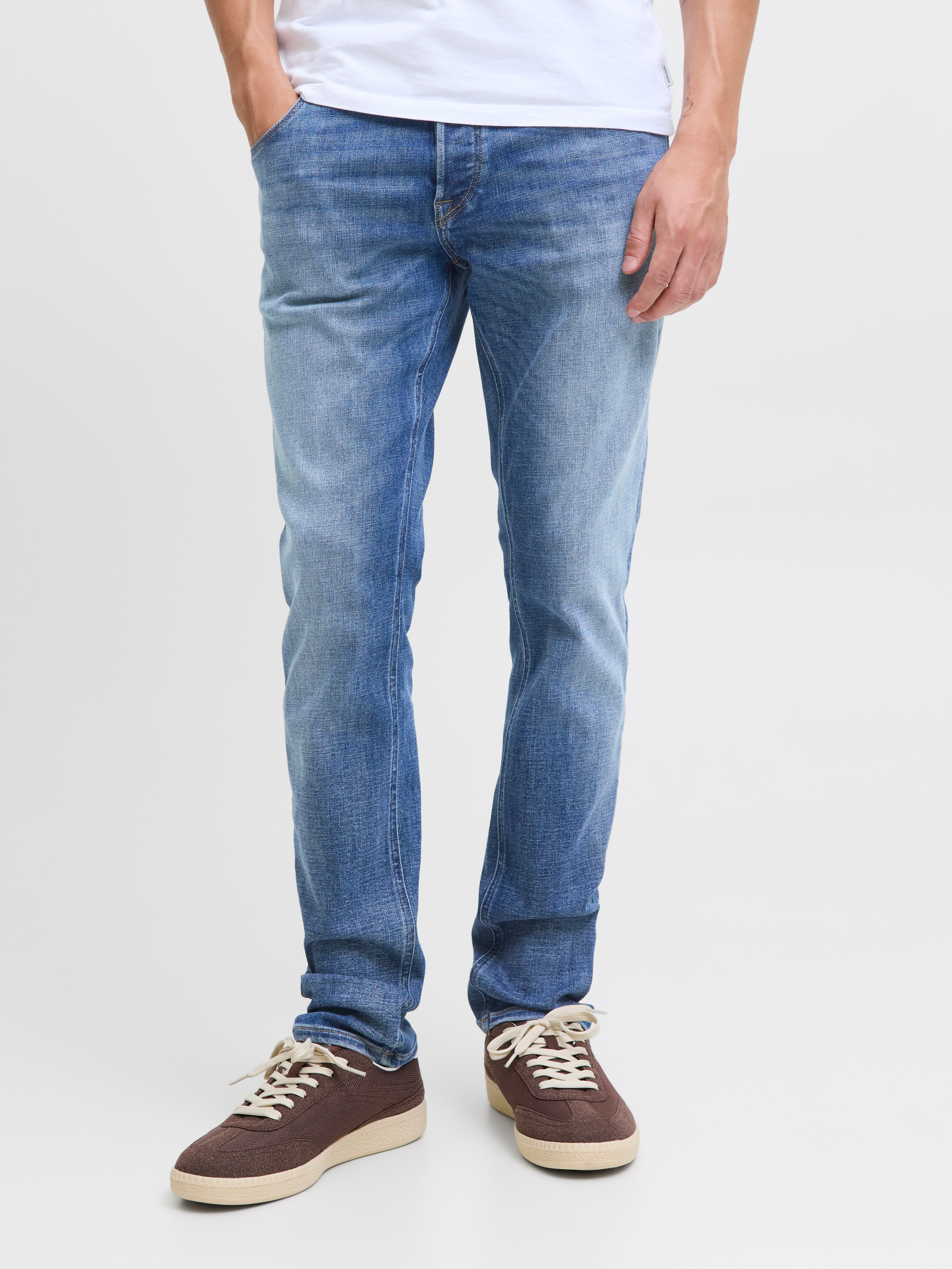 Slim-fit-Jeans JACK & JONES "JJIGLENN JJCOLE AM 48X 50SPS", Herren, Gr. 38, Länge 34, blau (blau denim), Denim/Jeans, Obermaterial: 85% Baumwolle, 13% Polyester, 2% Elasthan, Abriebeffekte, slim fit knöchellang, Jeans Slim-fit-Jeans