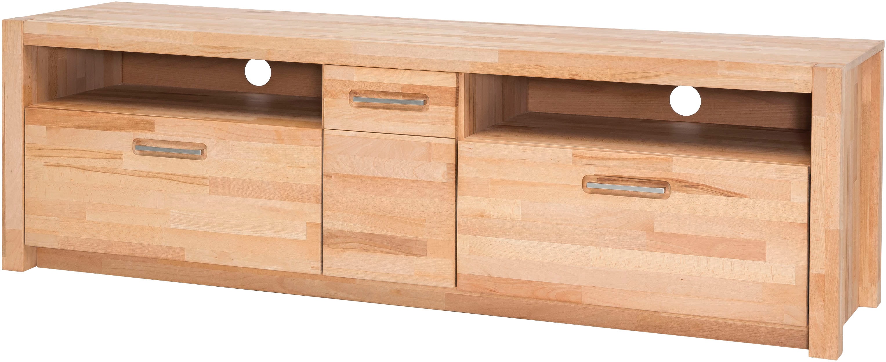 Lowboard MCA LIVING "Fenja TV-Element, Kommode,TV-Möbel,Breite 185 cm", kernbuchefarben, B:185cm H:58cm T:50cm, Massivholz, Sideboards, Massivholz, 2 Schubkästen, 2 offene Fächer, 1 Tür, TV-Größe 70 Zoll