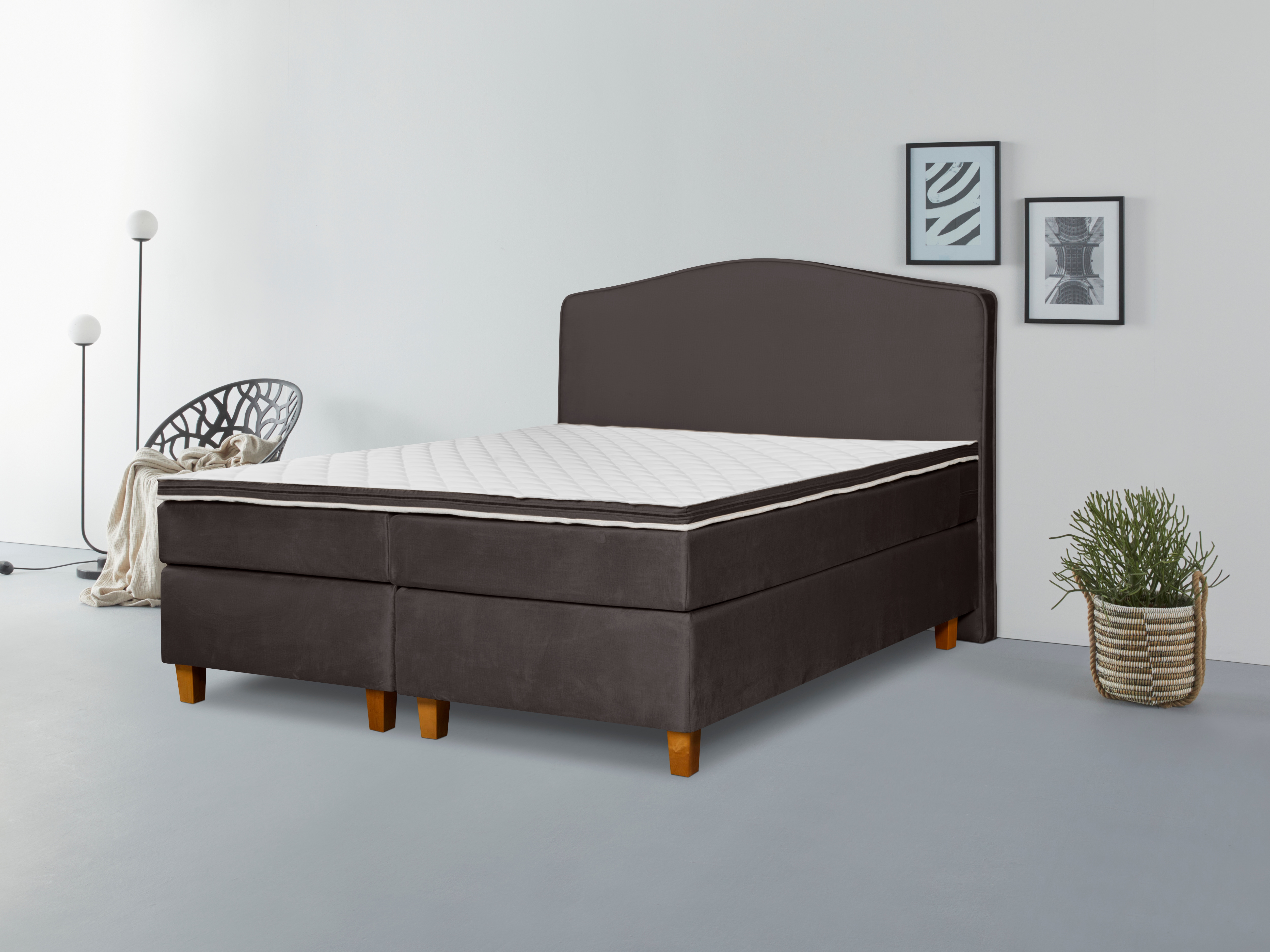 Boxspringbett INOSIGN "Jalma", braun, B:161cm L:208cm, 100% Polyester, Komplettbetten, Boxspringbett, Füße aus massiver Birke ; Inkl. Topper Image