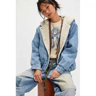 We The Free Asher Cozy Denim Jacket at Free People in Snowdrift Wash, Size: XL