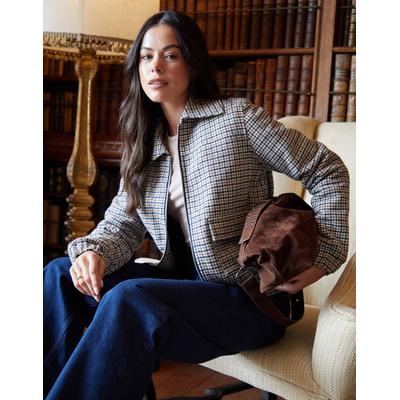 Brown Houndstooth Check Faux Wool Jacket