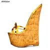 Ahhlsion Handarbeit Damen Sommer Pantoletten Sandalen Keile High Heels Runde Zehen Wunderschöne Gold Silber Club Schuhe Damen US Größe 5-20