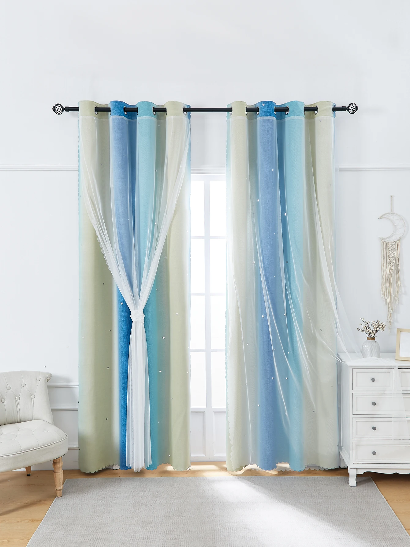 Verdunkelnde Kindervorhänge für Schlafzimmer, wärmeisolierte silberne funkelnde Sternvorhänge für Jungen, antike Tülle oben, Fensterbehandlung