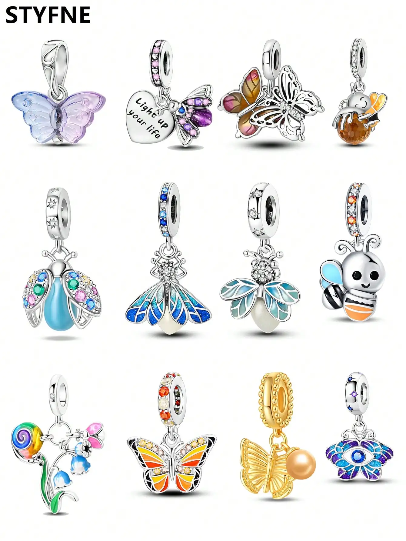 Blaue Glühwürmchen, bunte Schmetterlingsperlen, versilbert, passend für Charms aus Silber 925, Original-Armband für die Schmuckherstellung, DIY-Charm Image