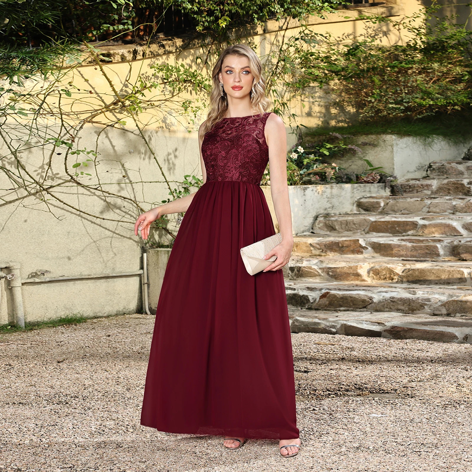 Abendkleider aus Chiffon, A-Linie, Ausschnitt, Spitze, O-Ausschnitt, ärmellos, transparenter Rücken, Ballkleid, plissierte Taille, bodenlanges Brautjungfernkleid Image