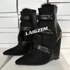 LAIGZEM Frauen Stiefeletten Keile Spitz High Heels Patchwork Handgemachte Kurze Stiefel Damen Schuhe Frau Große Größe 36 40 42 47