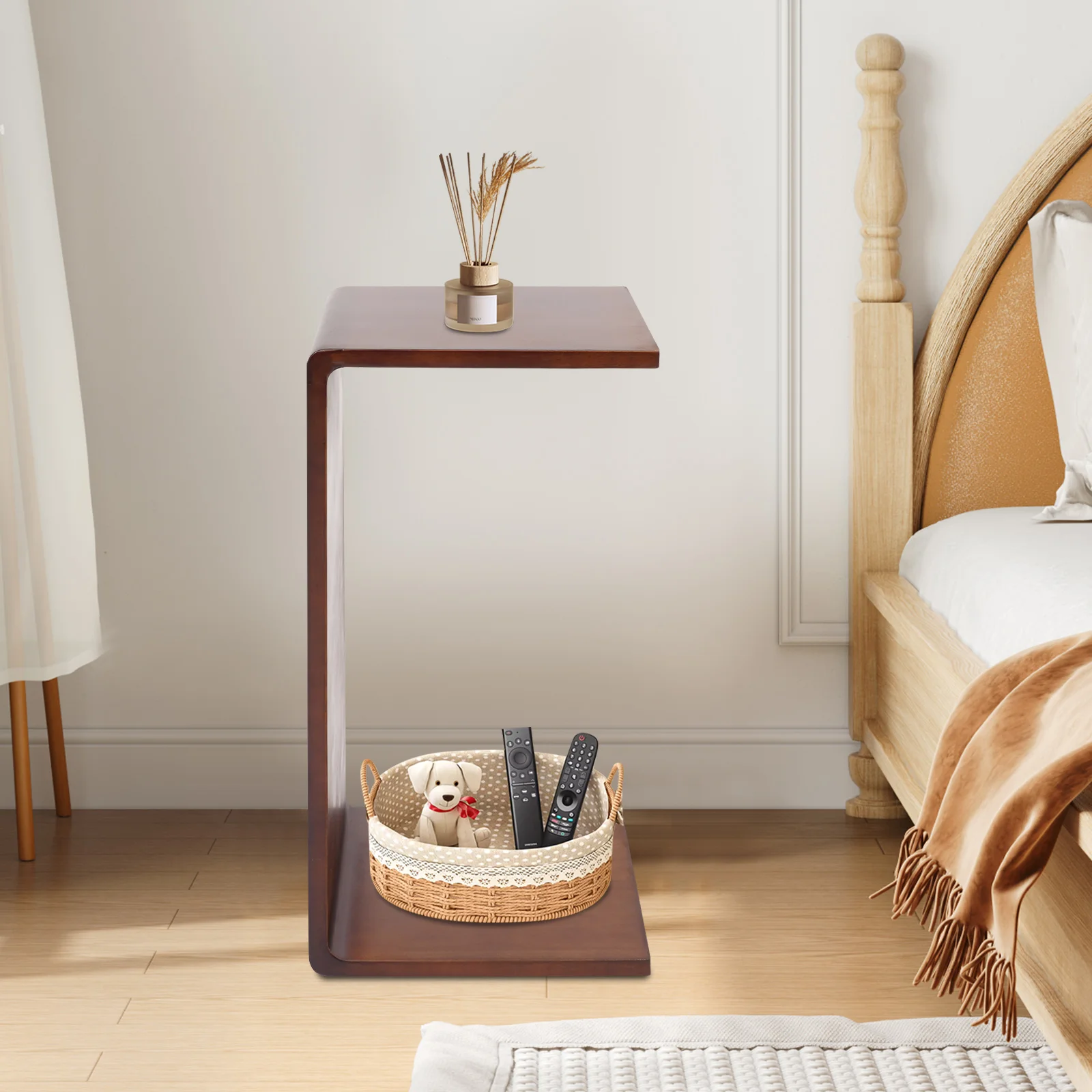 Walnussfarbener C-förmiger Beistelltisch aus massivem Holz, multifunktionaler C-förmiger Sofa-Beistelltisch für Wohnzimmer, Sofa, Schlafzimmer