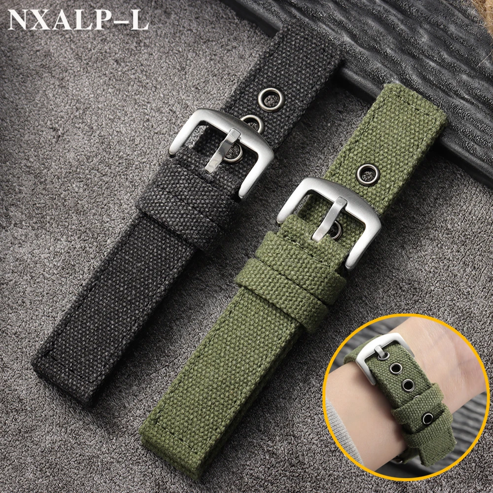Handgefertigtes, verdicktes Canvas-Armband, robust, 20 mm, 22 mm, 24 mm, weiches, wasserdichtes Sport-Armband, Schwarz, Grün, Herren-Militäruhrenarmband Image