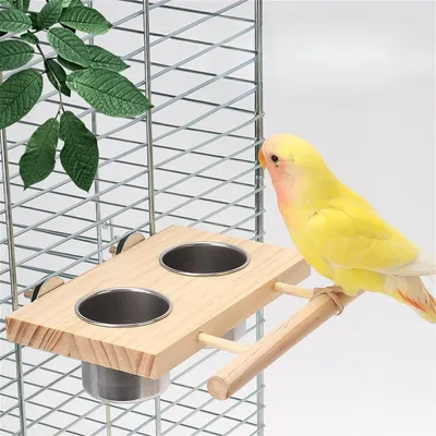 Wooden & Stainless Steel Double Cup Bird Feeder - Frosted Pole Platform Bird Food Box Birdcage Accessories for Outdoor/Indoor