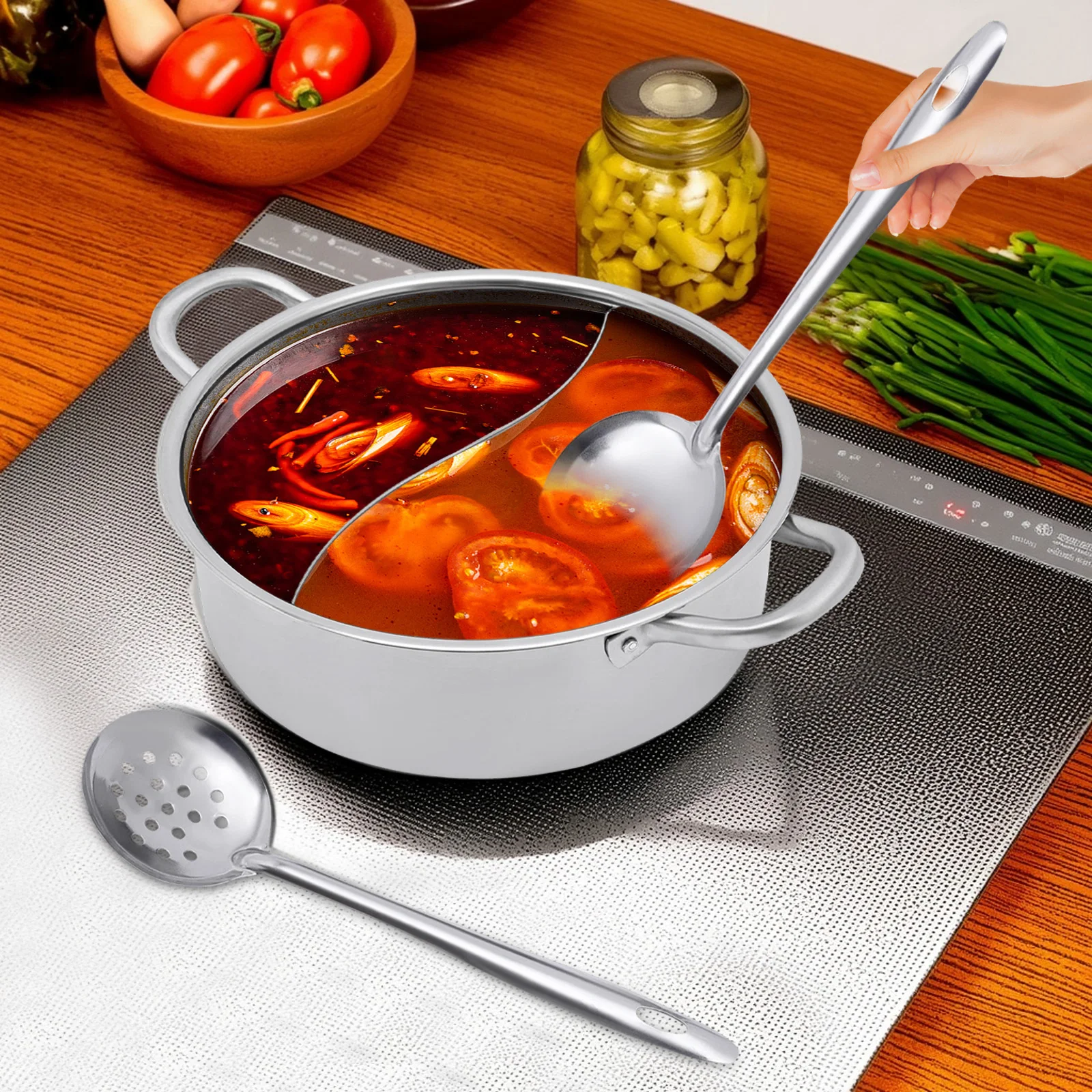 26 cm geteilte Hot Pots Edelstahl Fondue Induktion Shabu Shabu Topf mit Trennwand Doppelschmack Hot Pot Kochen für die Küche Image