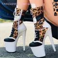 Stivaletti da donna con stampa leopardata marrone bianco 20 cm Stivaletti da donna in pelle nera con plateau e lacci Tacchi da ballo con cerniera laterale Scarpe patchwork sexy