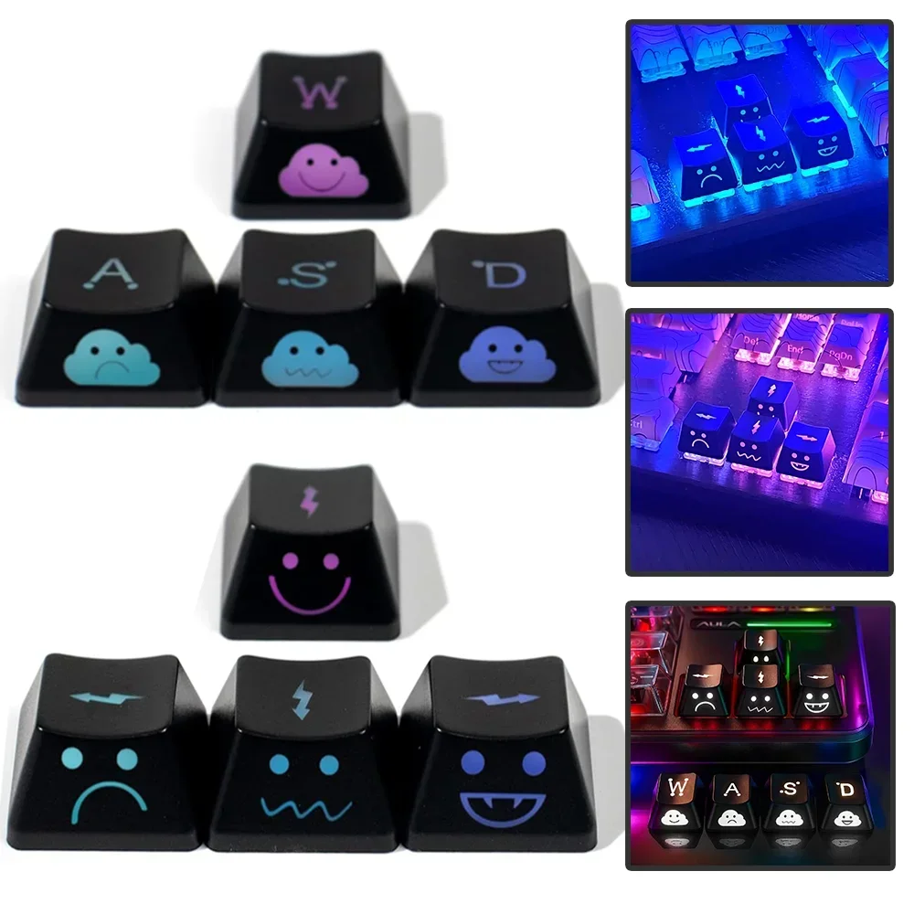 Tastenkappen-Set mit Hintergrundbeleuchtung, niedliches Emo WASD Pfeilrichtungstasten, schwarze Broadside-Beleuchtungstastenkappe für MX-Schalter für mechanische Tastatur Image