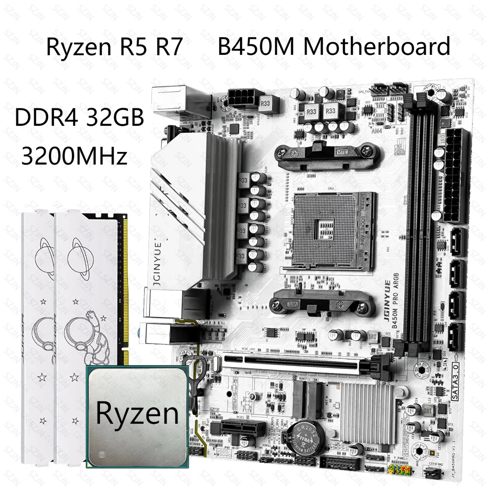 JGINYUE B450M Motherboard-Set mit Ryzen R5 R7-Prozessoren, 32 GB DDR4 3200 Dual-Channel-Speicher, unterstützt M.2 NVME 4x ARGB Gaming Kit Image