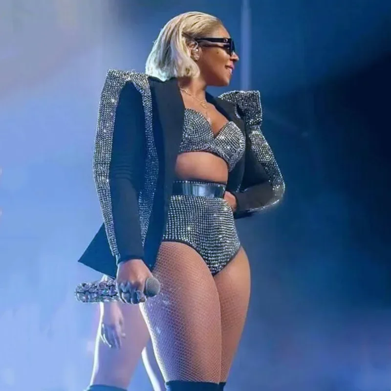 Bar Sänger Nachtclub Performance Kostüm Strass Damen Silber Bikini Blazer 3-teiliges Set Geburtstag Party Outfit Bühnenkleidung Image