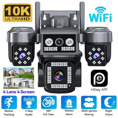 HiEasy 10K 20MP 4 lens 4 screen WiFi PTZ IP camera waterproofing color night vision auto-tracking for outdoor security cameras