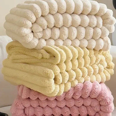 Warm Plush Striped Blankets Conditioning Quilt Fluffy Throws Ultra Soft Faux Rabbit Fur Throw Blanket for Couch Chair Sofa